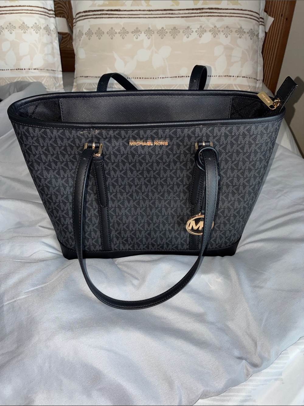 Michael Kors Charcoal/Black Signature MK Tote with Gold Accents